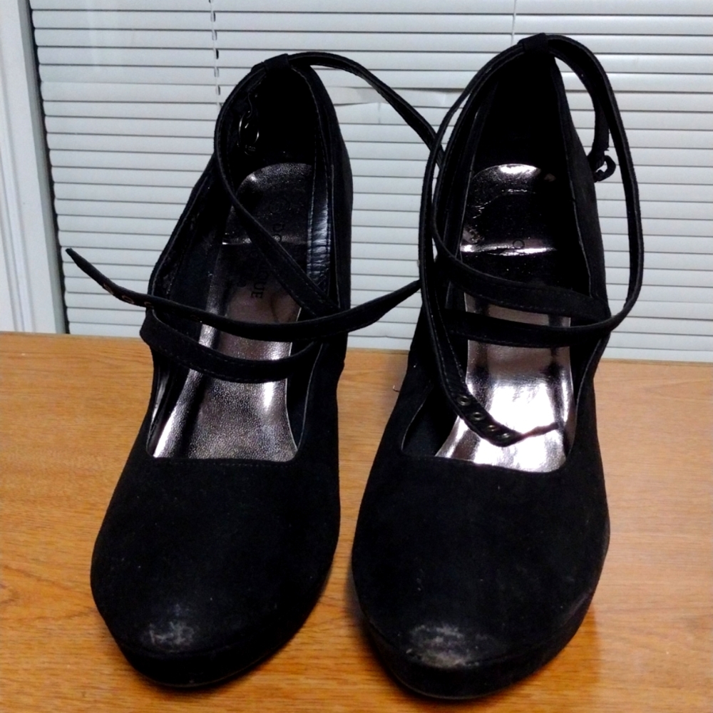 Dominique Nichole Black suede heels with ankle straps